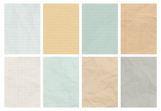 Set of crumpled lined and grid paper sheet texture. Blank notebook, vintage stationery background, checkered and ruled page collection