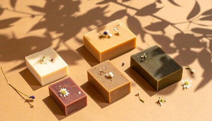 Fototapeta premium Assortment of colorful, rectangular soaps with floral accents