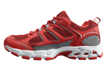Red athletic shoe with gray accents.  Robust sole