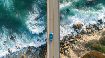 Blue car driving on a coastal road overlooking turquoise ocean waves crashing onto a rocky shore. Scenic travel journey and nature adventure.