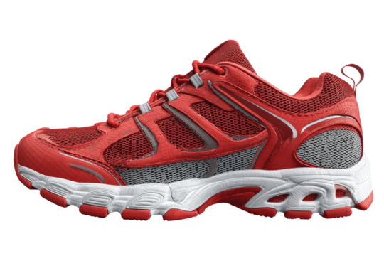 Red athletic shoe with gray accents.  Robust sole