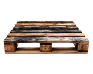 A used wooden pallet, top-down view.  Distressed wood planks form a flat surface, supported by sturdy wooden legs.  Visible wood grain variations and dark stains