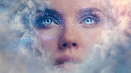 Woman surrounded by ethereal clouds and sparkling stars. Dreamy celestial fantasy concept for beauty and astrology themes.