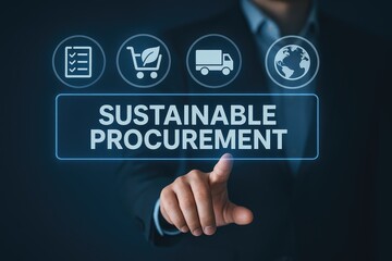 Fototapeta premium Sustainable procurement concept, a hand touches a virtual screen showing icons