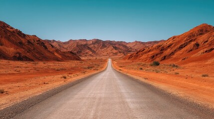 Long desert road leading through red sand dunes and rocky mountains. Adventure trip travel concept under a clear blue sky.