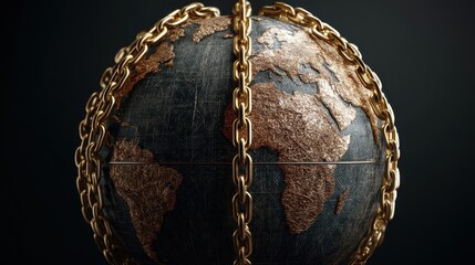 Earth globe in golden chains. Concept of global dependence, control, and environmental challenge. Symbolizes economic, social, or political constraint.