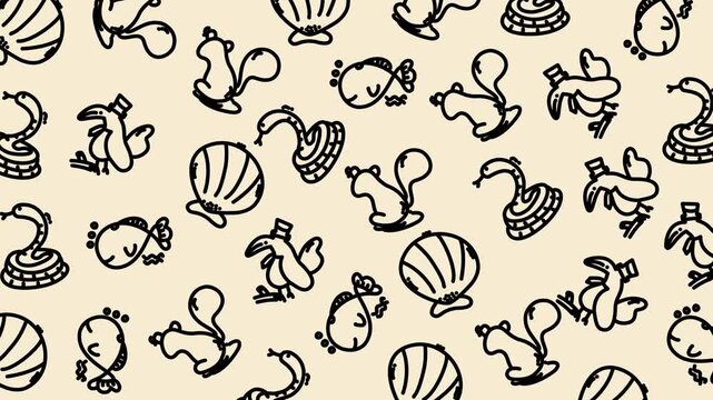Seamless Pattern of Hand-Drawn Seashells and Starfish with Marine Life on Beige Background, Graphic Illustration, Top View, Nautical Concept