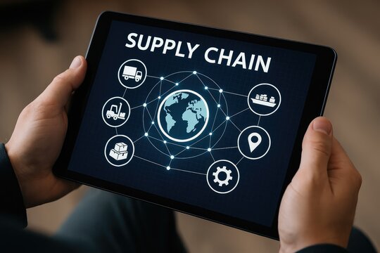 Supply chain management graphic on tablet screen with global network icons - Powered by Adobe