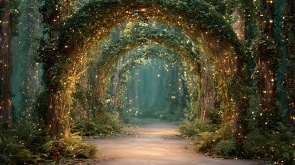 Obraz premium Archway of intertwined luminous trees in a magical forest path leading to an enchanting hidden world. Fairy tale concept with glowing lights.
