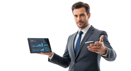 Businessman showing financial chart on tablet isolated on transparent background