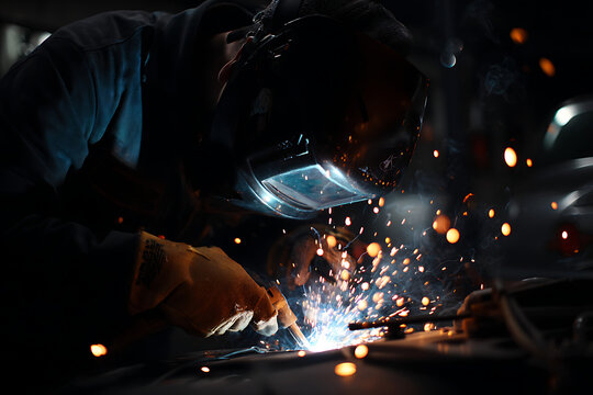Skilled welder in protective gear creating brilliant sparks and smoke with intense focus on industrial craftsmanship and manufacturing precision