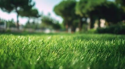 Fresh green grass texture close-up on a sunny day with blurred trees in background. Nature background and spring outdoor scene for growth concept.