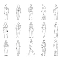 Fashionable Line Art Silhouettes of Men and Women in Suits and Dresses people