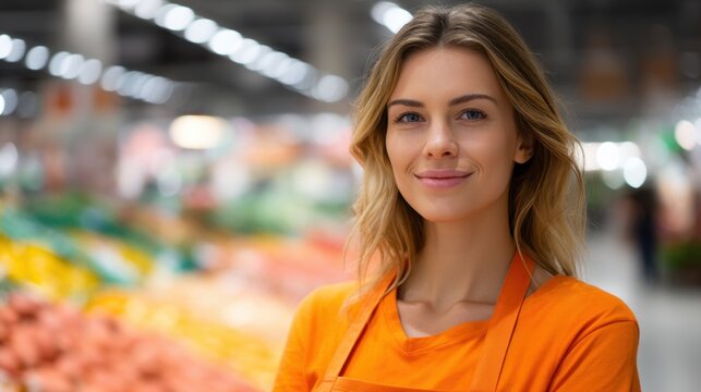 Woman in orange apron smiling in a grocery store. Happy female retail worker portrait for customer service and supermarket staff concept.
