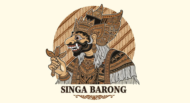 Intricate Singa Barong Illustration Balinese Mythological Creature with Cultural Symbolism