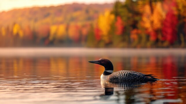 Common loon swimming on a calm lake reflecting vibrant autumn foliage in the background. Nature and wildlife concept.
