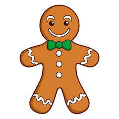 Obraz premium Gingerbread man cookie with green bow tie and icing decoration 