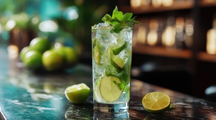 Refreshing mojito cocktail with ice, mint and lime at a bar counter. Drink for summer party, celebration, and relaxation concept.