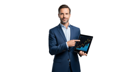 Businessman pointing at financial graph on tablet isolated on transparent background