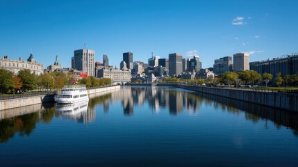 Obraz premium City skyline along a river with a boat and reflection. Urban landscape for travel and tourism concept. Blue sky with modern architecture.