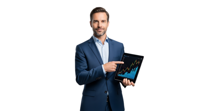 Businessman pointing at financial graph on tablet isolated on transparent background