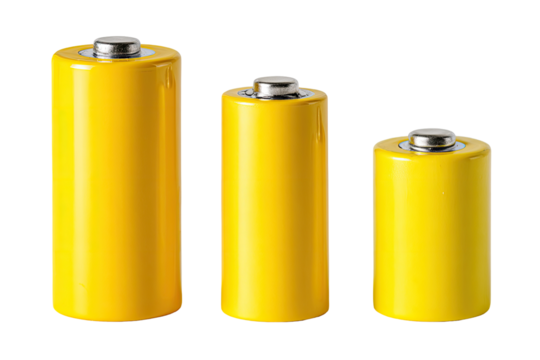 Three yellow cylindrical batteries of varying sizes,  isolated on black
