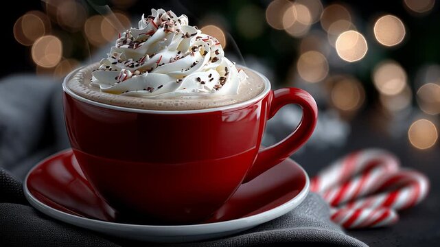 Steaming peppermint mocha with whipped cream, candy canes adorning red cup, resting on gray fabric near softly glowing Christmas lights