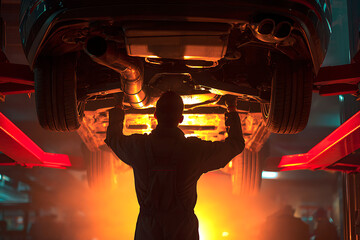 Dedicated mechanic diligently inspecting car underside on lift with warm orange glow illuminating workshop for professional automotive service