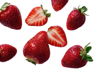 Fresh strawberries, whole and sliced, scattered on a black background.  Bright red berries, juicy looking.  Visible seeds and green stems.  High-angle view