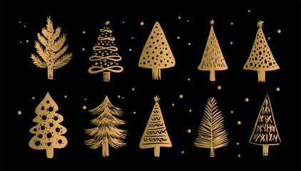 Christmas tree set on black, hand drawn illustration	
