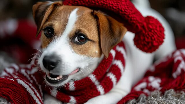 Playful Jack Russell puppy donning festive red hat, snuggling cozy holiday blanket with cheerful puppy spirit and irresistible seasonal cuteness