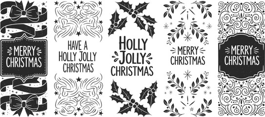 Christmas greeting designs, black and white, festive typography, holly leaves, ornaments, bows, decorative layout, holiday card art, seasonal illustration