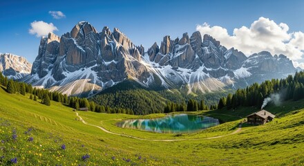 Obraz premium A picturesque mountain landscape with a turquoise lake and a wooden hut in the foreground, surrounded by lush green meadows and snow-capped peaks in the background.