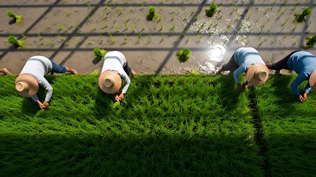 Farmers planting rice seedlings in a lush green paddy field from an aerial perspective.