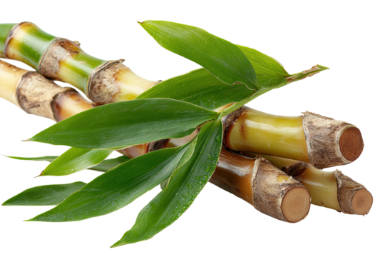 Sugar cane stalks with leaves.  Fresh, segmented stalks of sugar cane, light brownish-yellow and tan, are clustered.  Bright green leaves, with visible water droplets, rest atop and around the canes