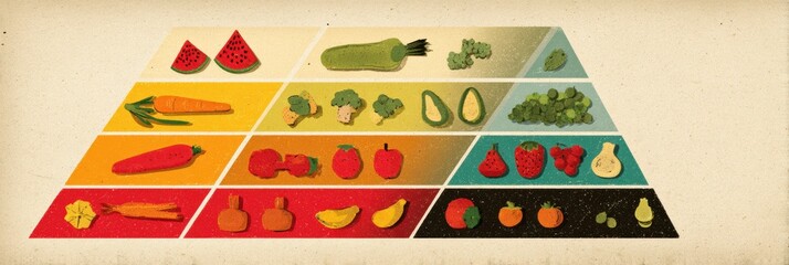 A visual guide displays an array of fruits and vegetables organized in a pyramid shape, showcasing different categories and colors for healthy eating.