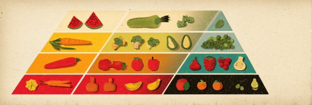 A visual guide displays an array of fruits and vegetables organized in a pyramid shape, showcasing different categories and colors for healthy eating.
