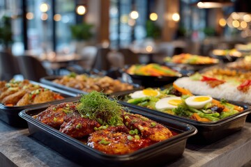 Fototapeta premium Colorful assortment of delicious Asian cuisine displayed in black containers, featuring vibrant vegetables, rice, and garnishes, showcasing culinary artistry and appetizing presentation
