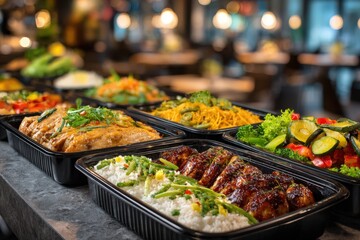 Colorful assortment of delicious food in black containers, featuring grilled chicken, rice, noodles, and fresh vegetables, beautifully arranged for a culinary feast experience