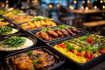 Obraz premium Colorful assortment of delicious dishes in black containers, featuring grilled meats, vibrant vegetables, and fragrant rice, arranged beautifully for an appetizing presentation