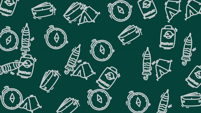 Seamless Travel and Camping Gear Pattern Design with Compass, Tent, and Backpack Illustrations on Green Background