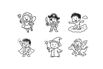 Creative Line Art Bundle of Six Funny Doodle Kids Imagining Fantasy Scenes as Superhero, Dragon Rider, Pirate, Fairy, Wizard, and Cloud Surfer Vector Illustration.