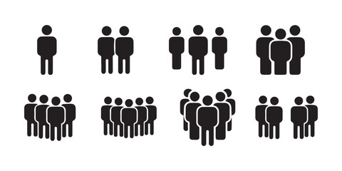 Eight Black Pictogram Sets Showcasing Varying Numbers of People Standing on White