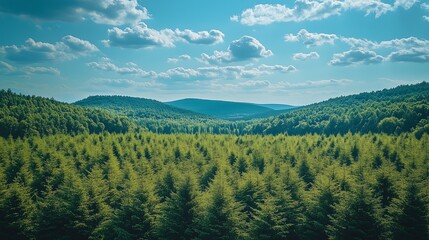 Vast Forest Plantation with Rolling Green Hills Under a Bright, Cloudy Blue Sky
