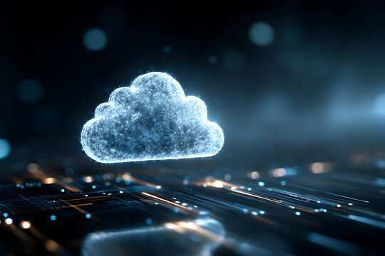 Captivating digital cloud network glowing with futuristic data streams, representing modern technology and innovation.