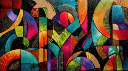 Bright colors and swirling shapes combine to create a lively abstract design that captures attention with its unique patterns and textures.