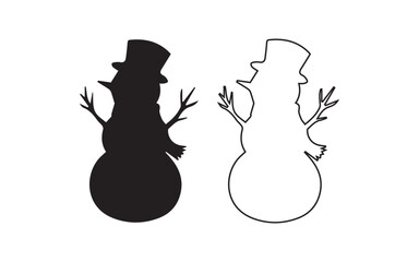 Two snowman silhouettes one solid black and one outline isolated on white background