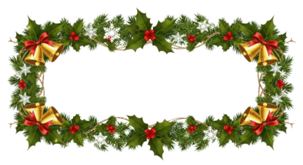 Holiday floral frame with Christmas bells and holly isolated PNG with Transparent Background