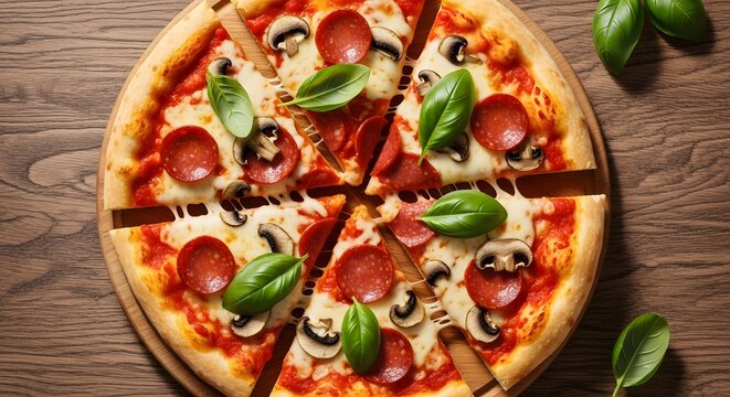 Overhead view of a pepperoni pizza with mushrooms and basil on a wooden table