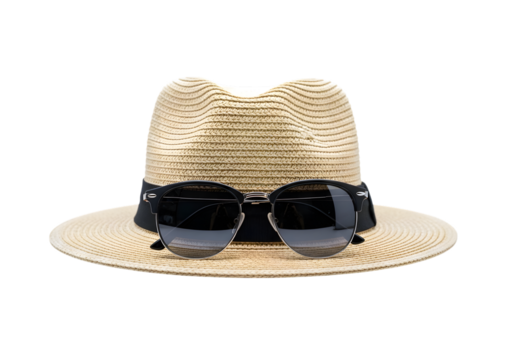 Straw fedora hat with sunglasses isolated on transparent background